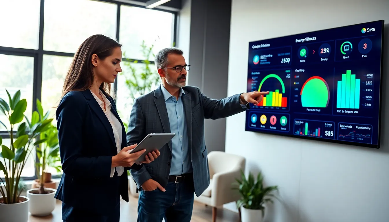 diverse team using energy management tools in a modern office.