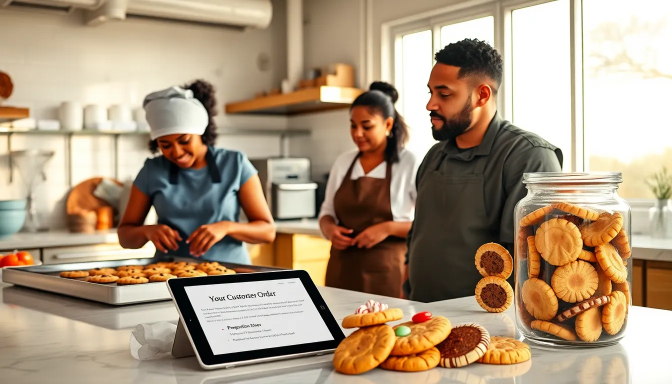 a diverse team of bakers showcasing a variety of colorful cookies in a modern kitchen.