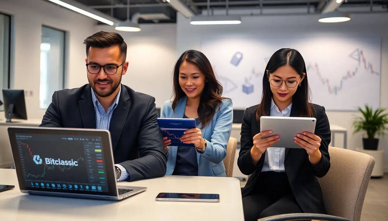 diverse professionals trading cryptocurrency in a modern office.