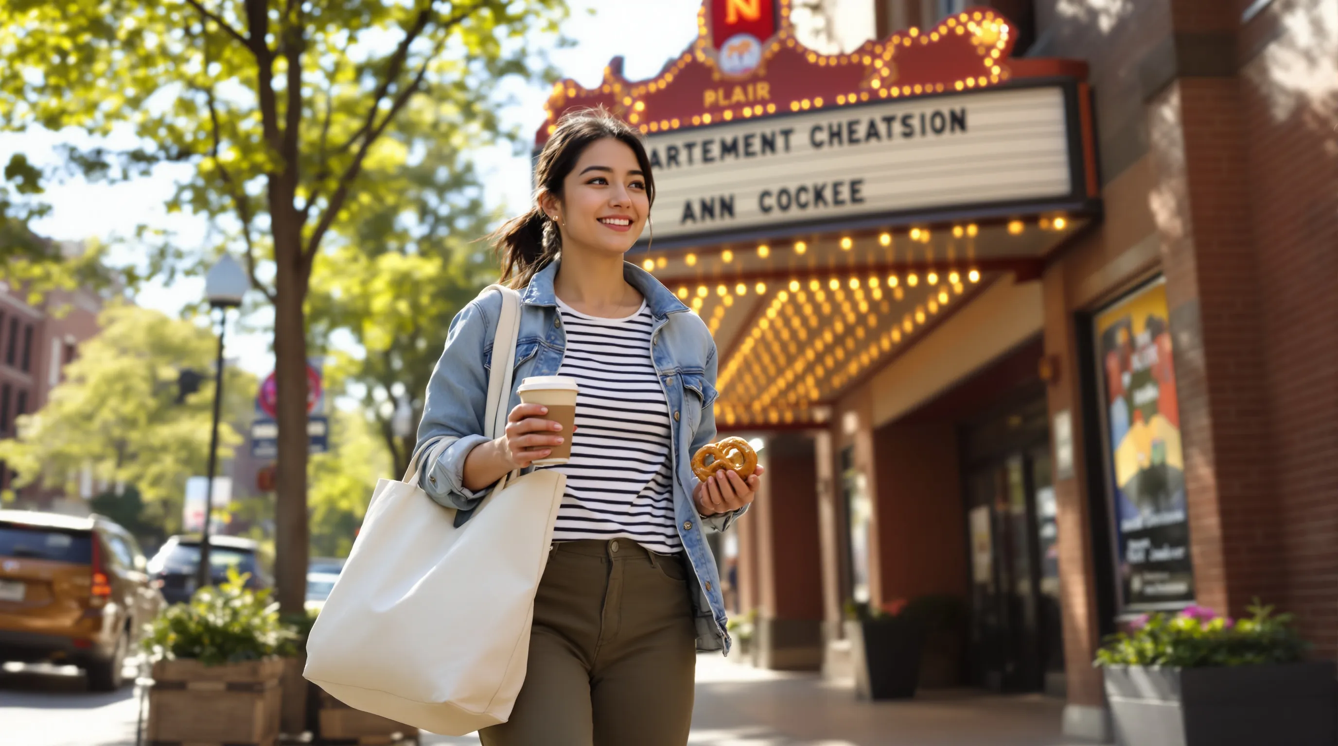 Traveler with coffee and market tote on Ann Arbor’s Main Street.