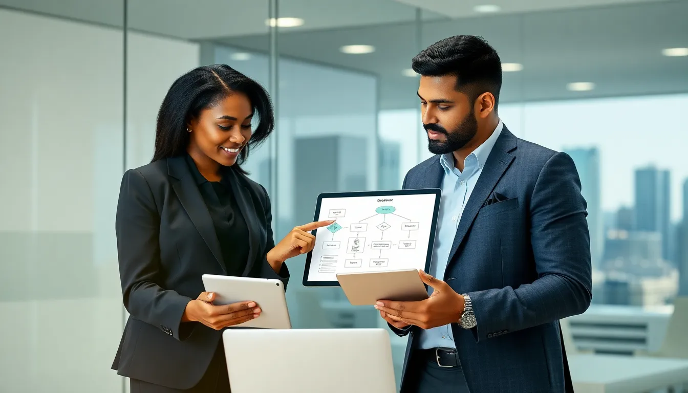 professionals discussing software engineering and development in a modern office.