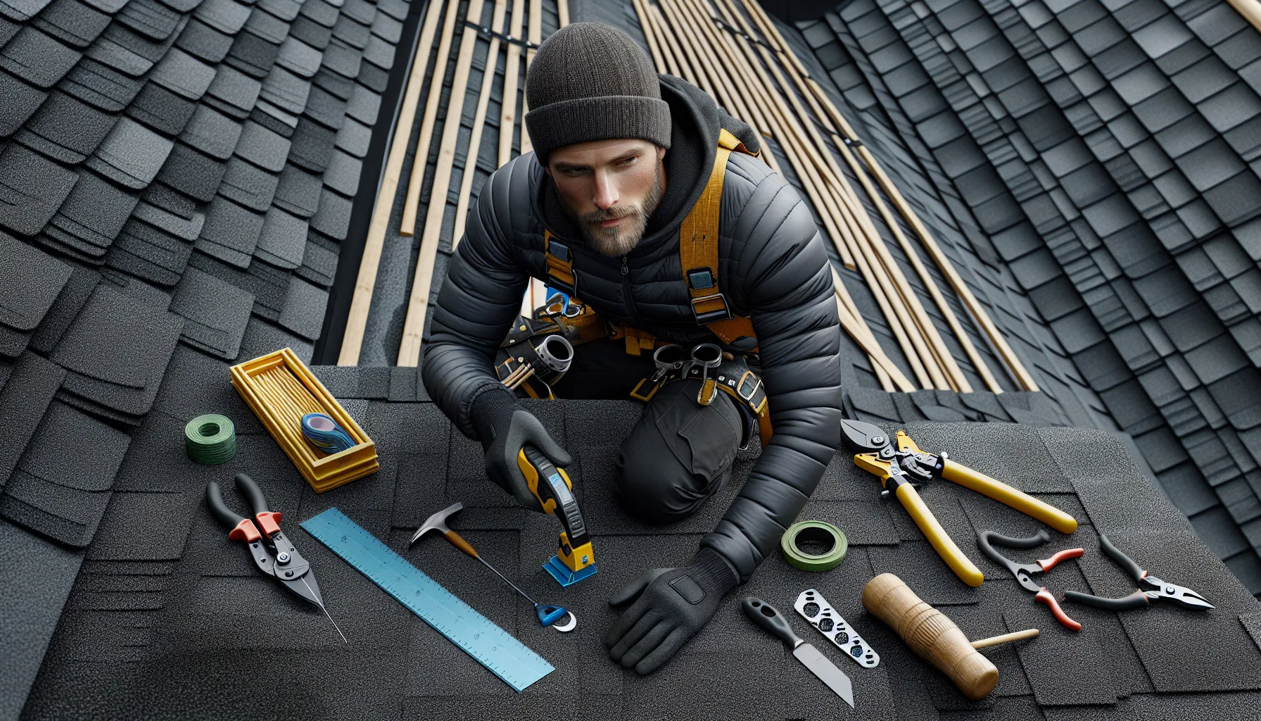 De beste verktøyene for å reparere taket ditt 3 Roofer cuts shingle along chalk line with essential tools on norwegian roof.