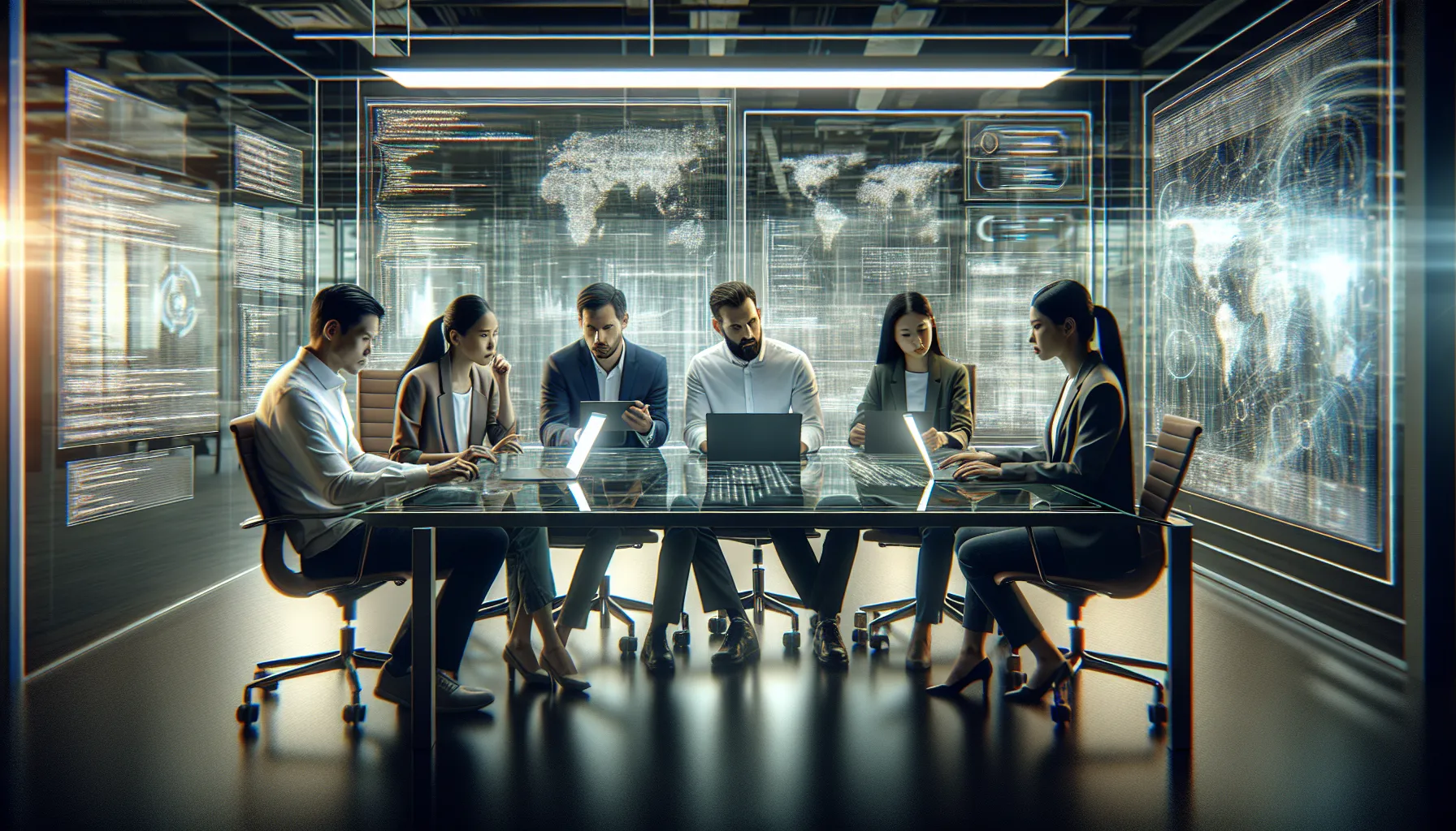 engineers discussing technological innovations in a modern office setting.