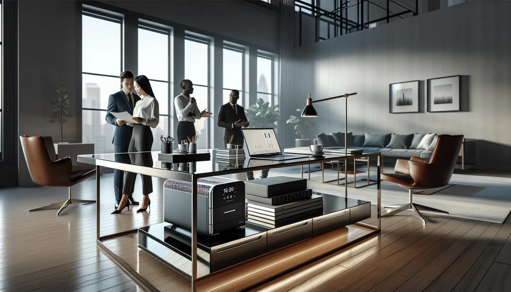 diverse team collaborating around the Brixx2407 device in a modern office.