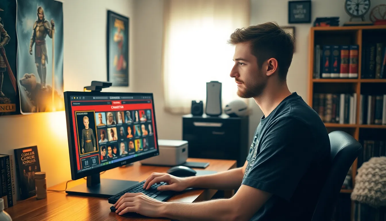 A young man generates characters in a cozy home office.