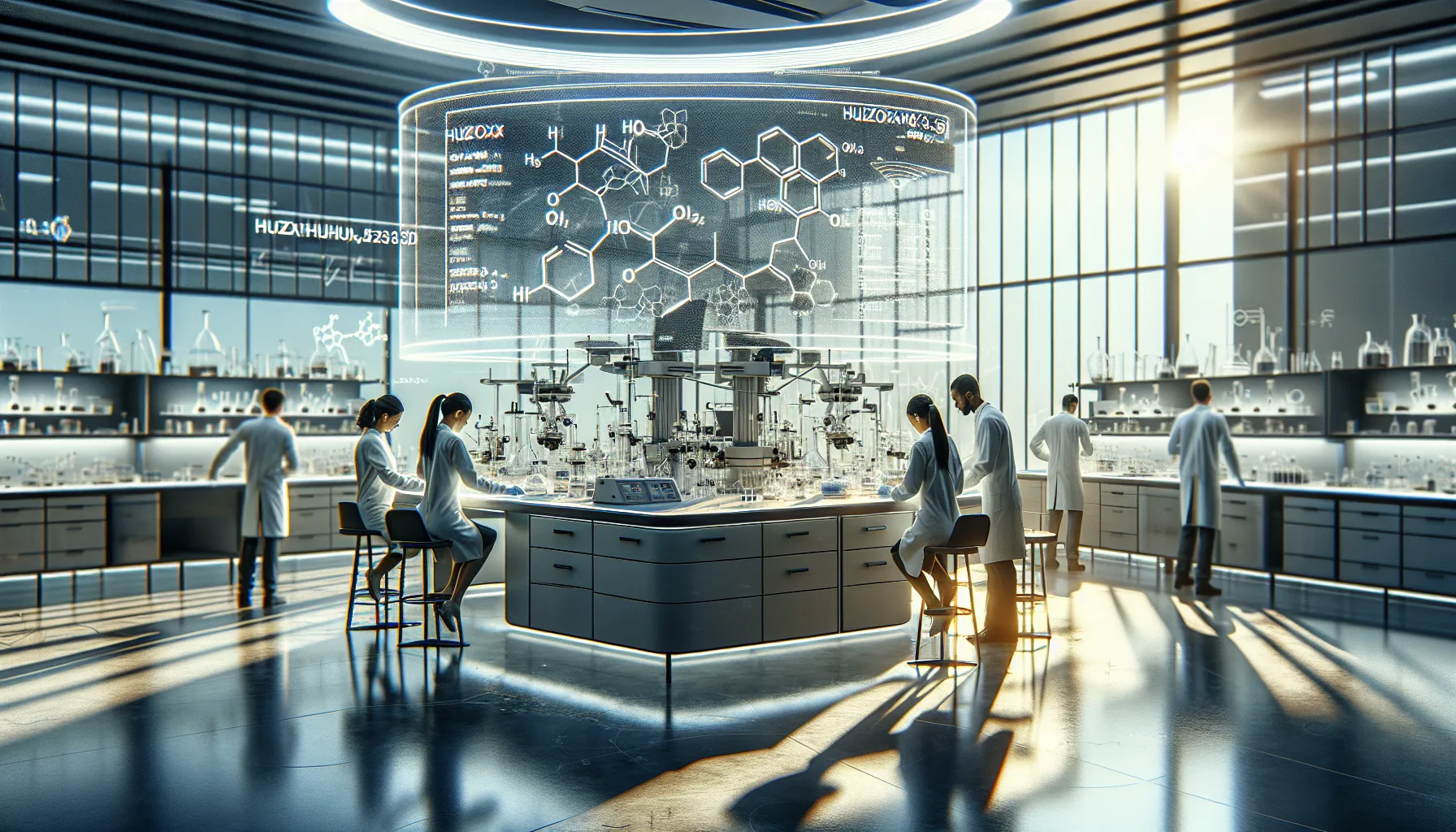 scientists collaborating in a modern lab on Huzoxhu4.F6Q5-3D.