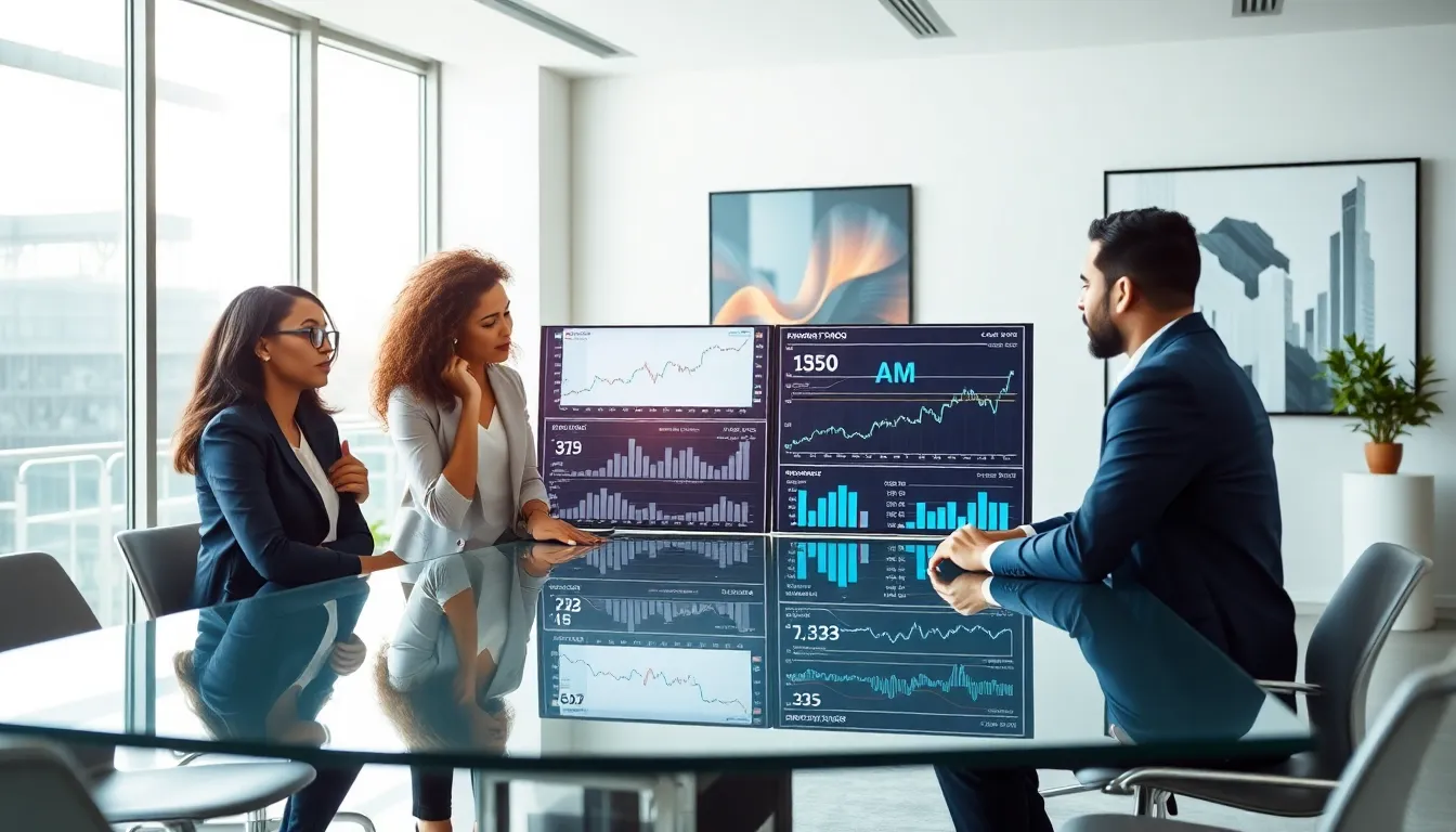 diverse team discussing AI-driven investment strategies in a modern office.