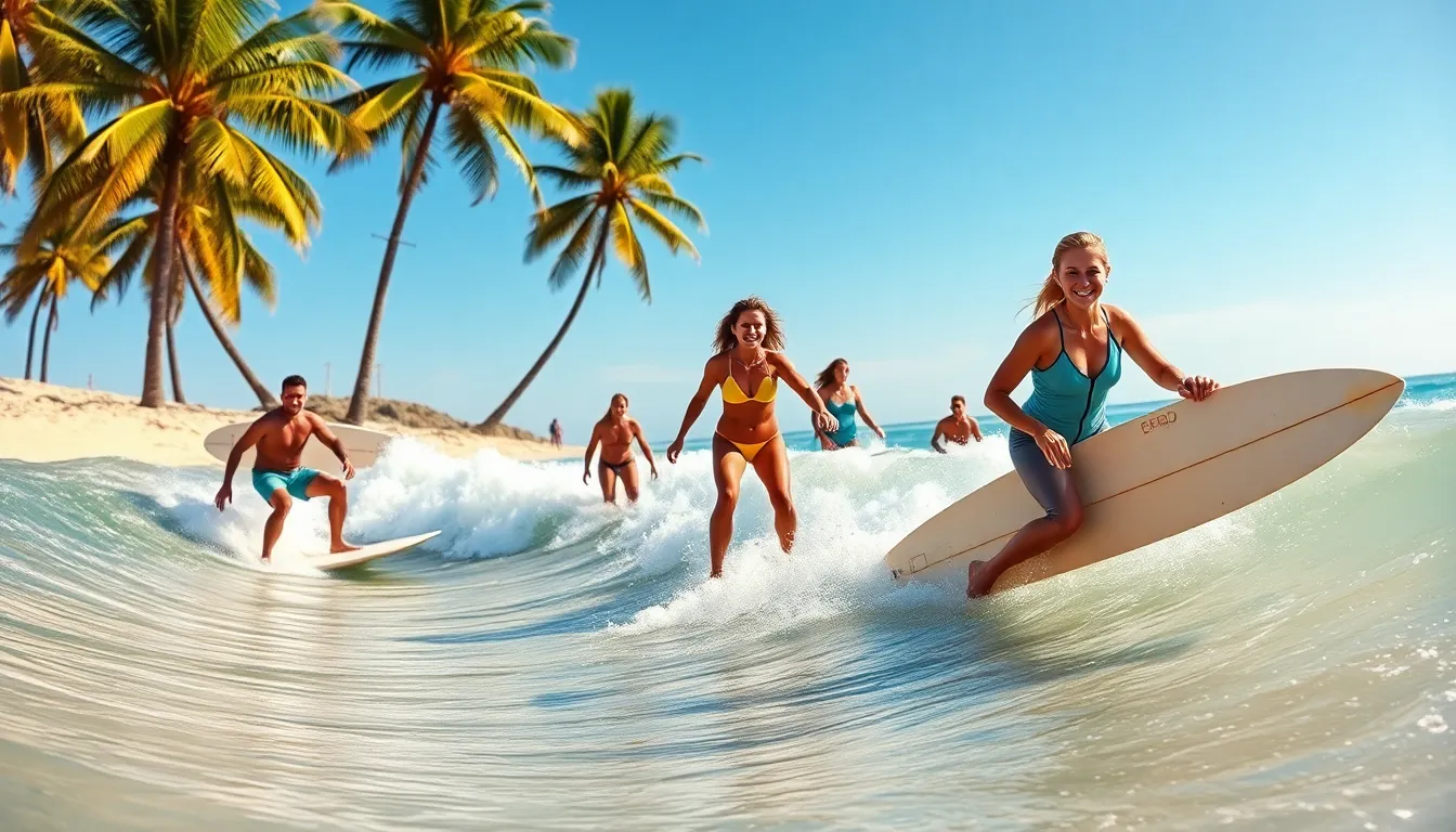 diverse surfers riding various surfboards at a sunny beach.