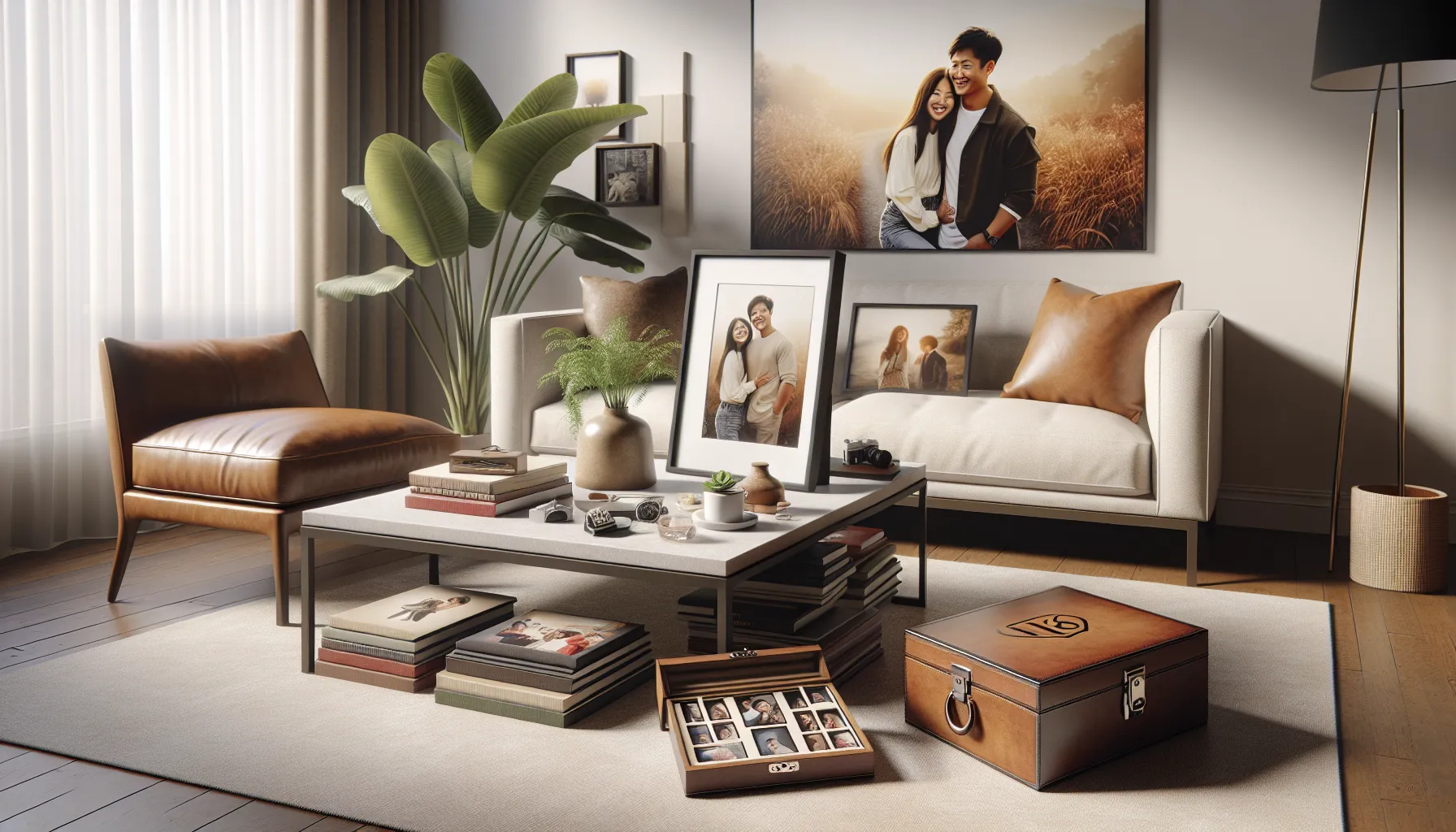 personalized gifts on a coffee table in a cozy living room.