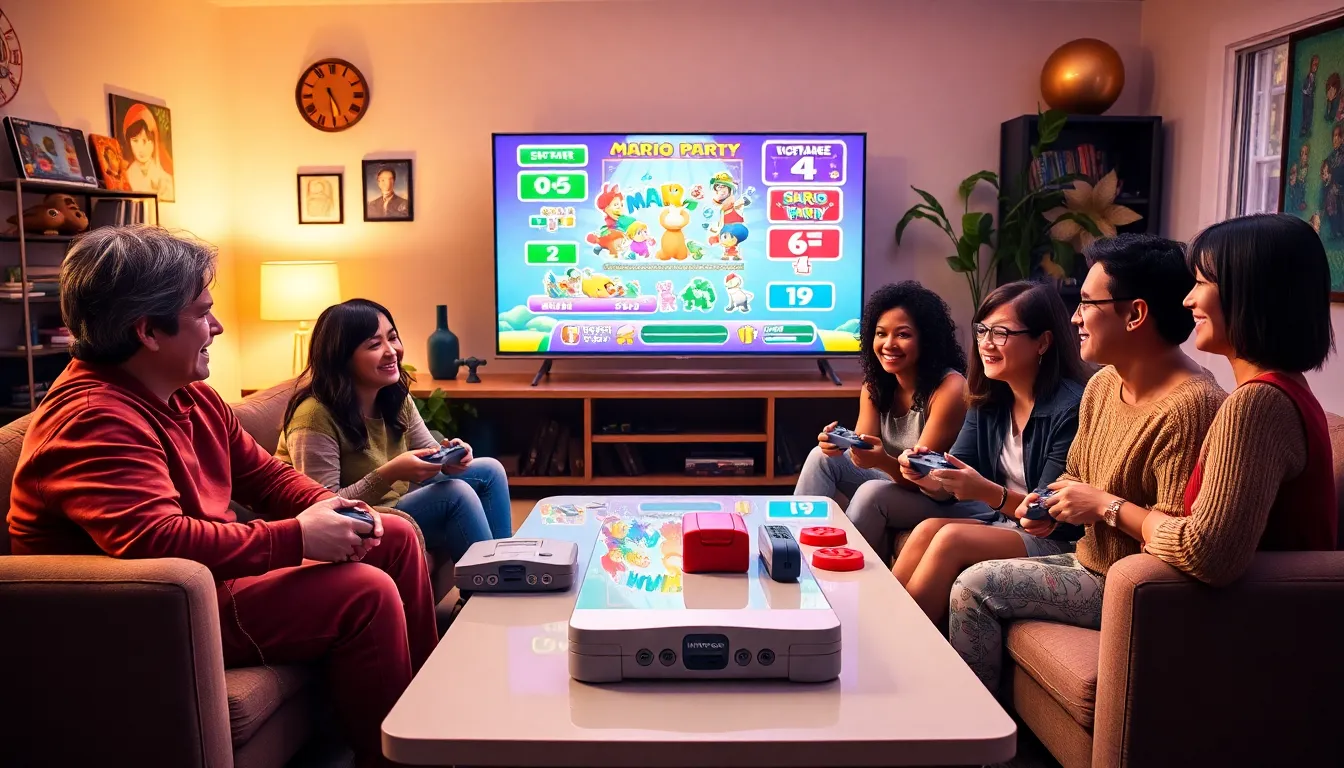 diverse friends playing Mario Party on a Nintendo 64 in a cozy living room.