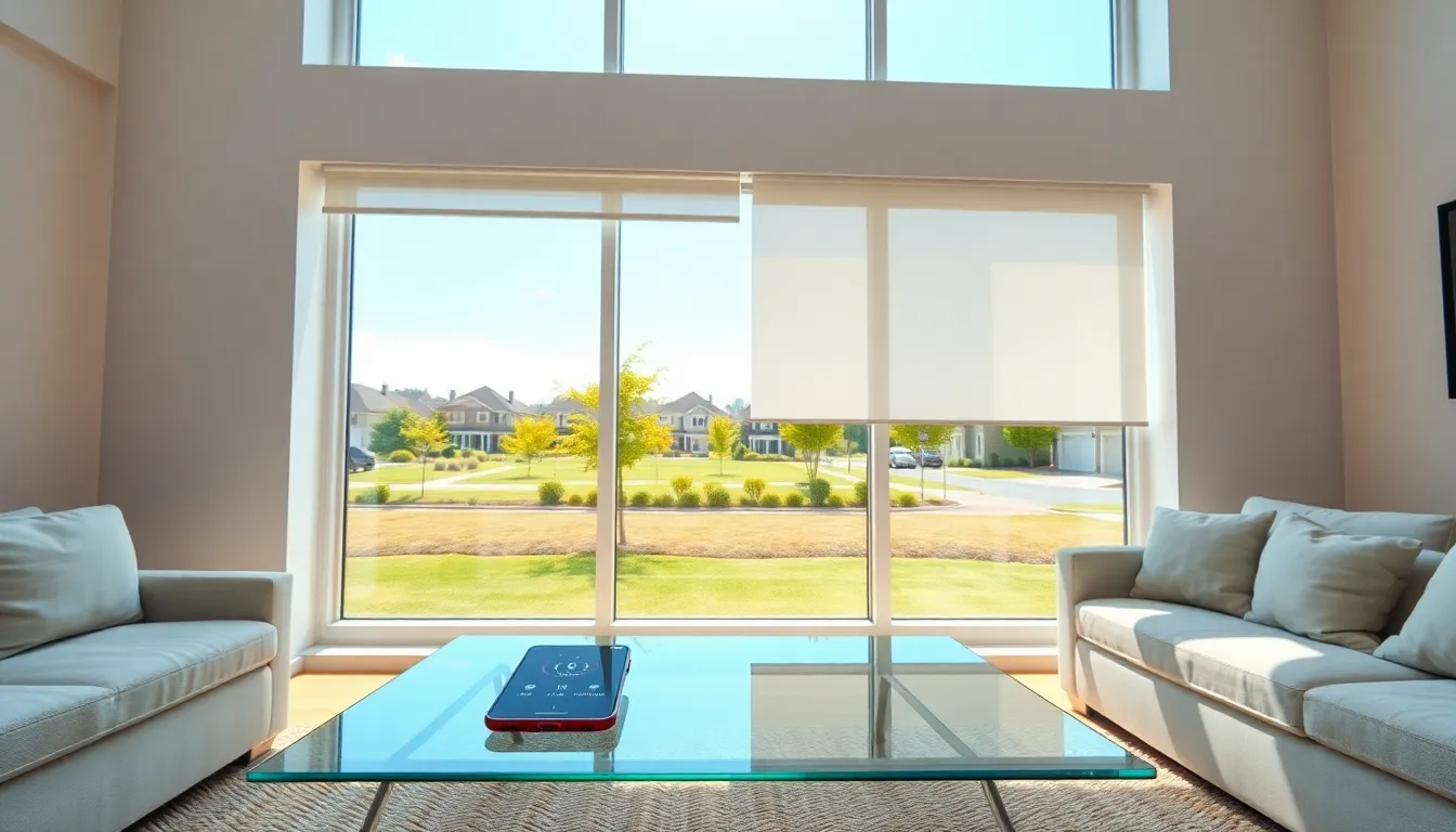 a living room with smart blinds controlling light and temperature.