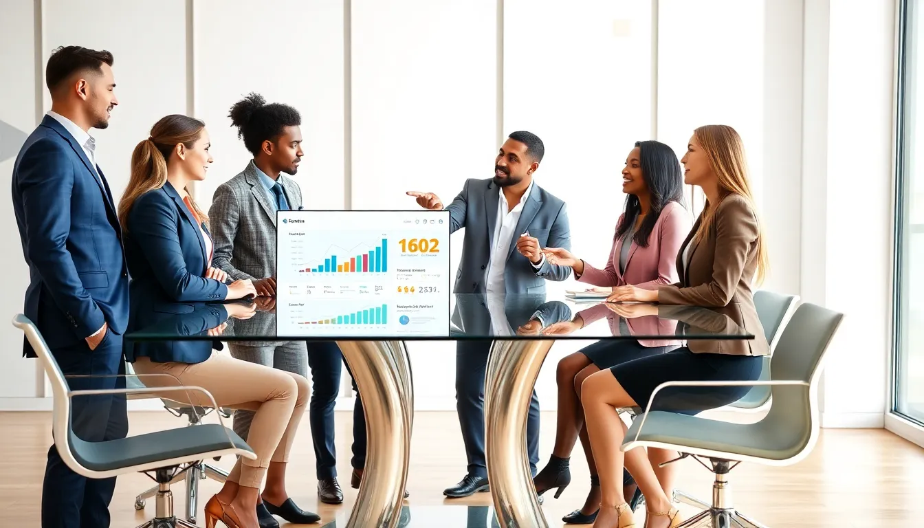 diverse real estate team discussing strategies in a modern office.