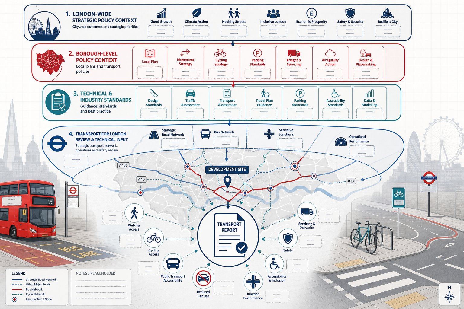 London transport report infographic showing policy layers, borough rules, and mobility priorities.