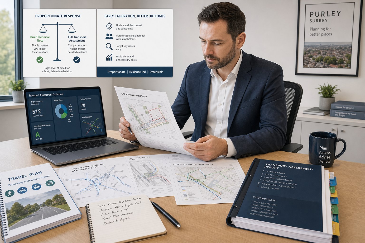 Traffic engineer reviewing planning transport reports in a modern UK office.