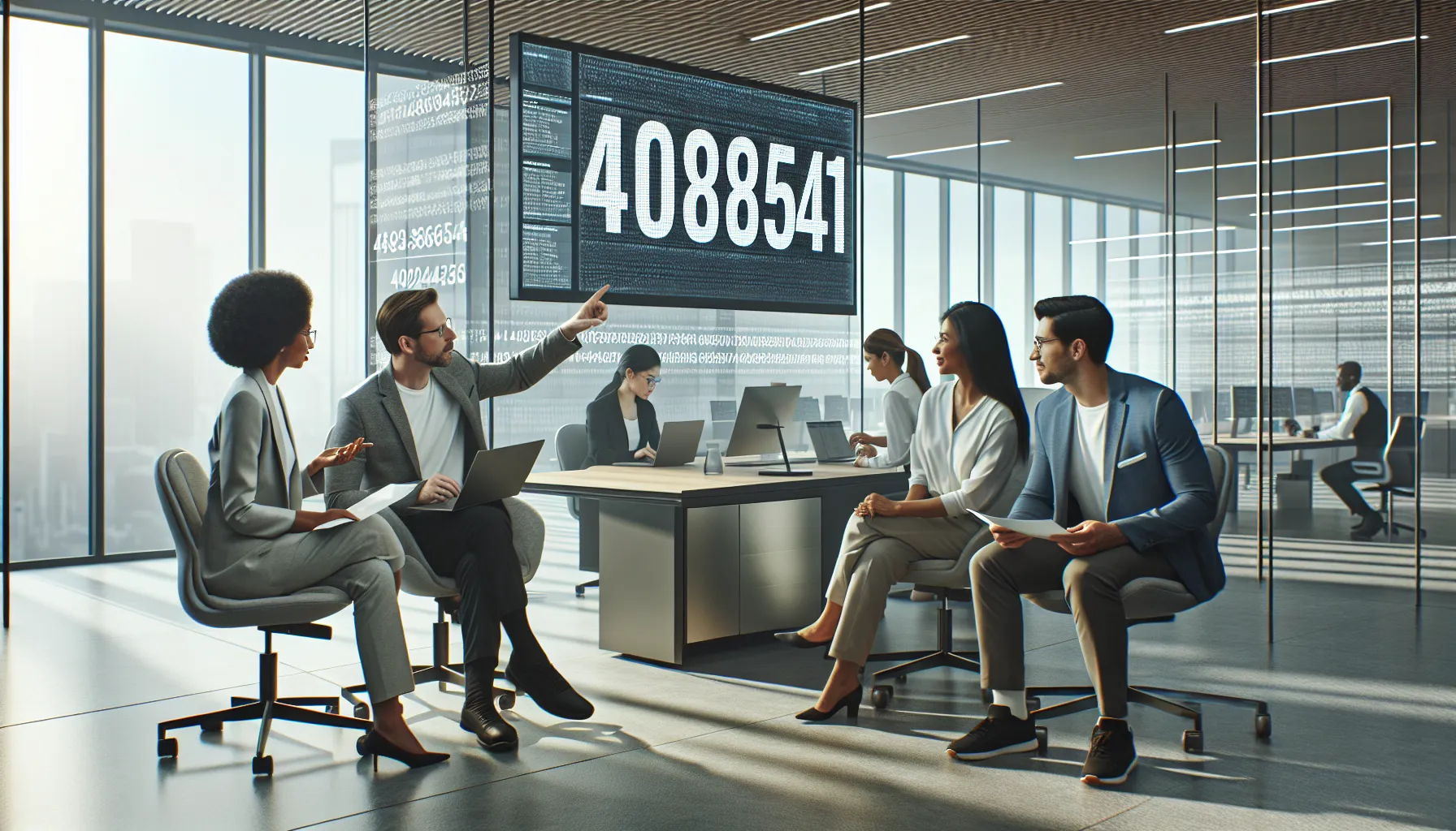 professionals discussing the significance of the number 4028364541 in an office.