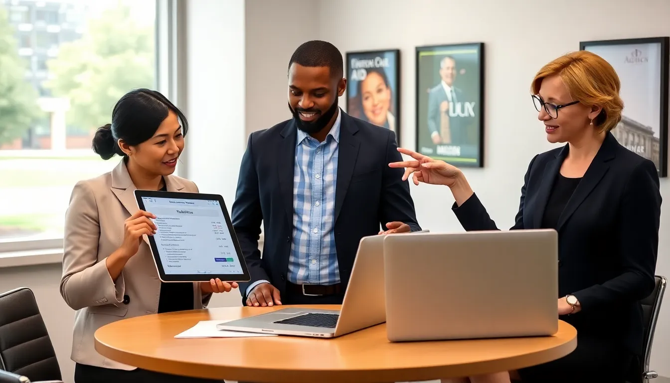 staff discussing Adrian College tuition in a modern office.