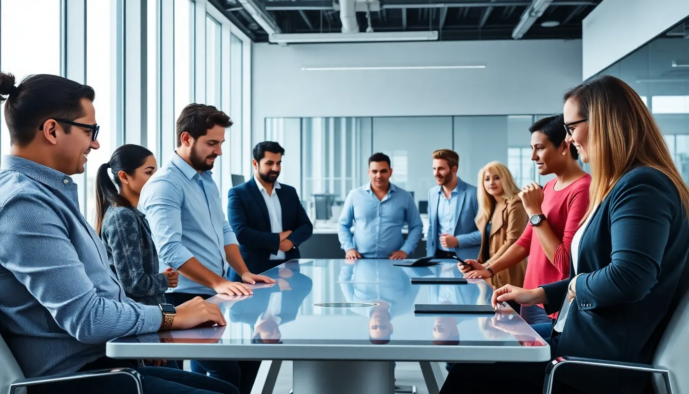professionals using itech wearables in a modern office setting.