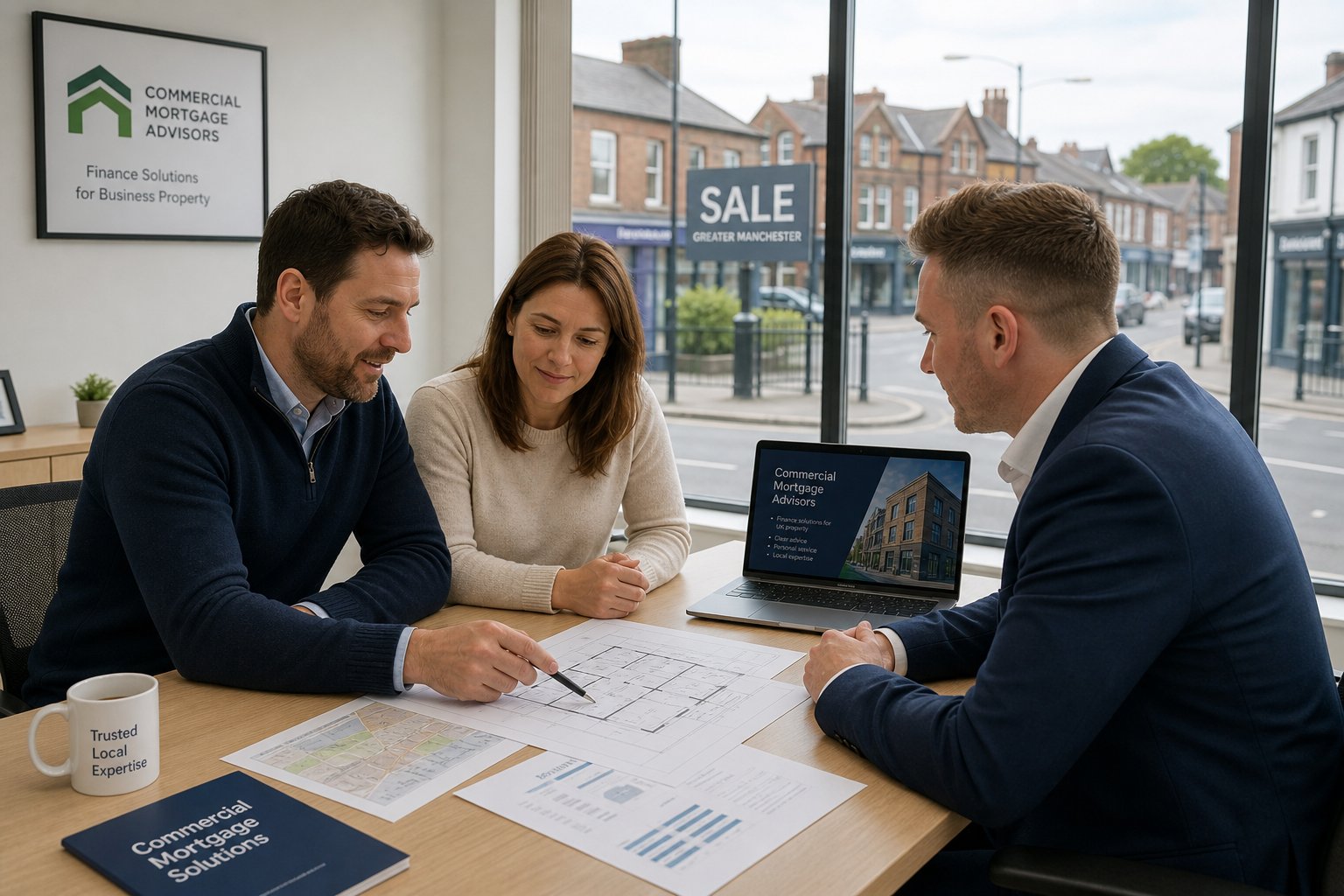 Professional commercial mortgage advisor in a modern Sale office meeting local business owners, reviewing property and finance documents in a bright, trustworthy setting.