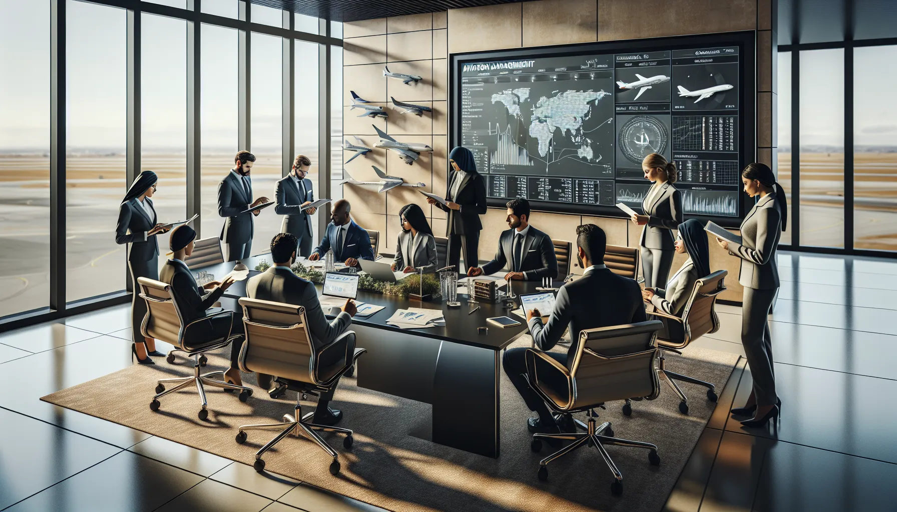 diverse aviation management team collaborating in a modern office.