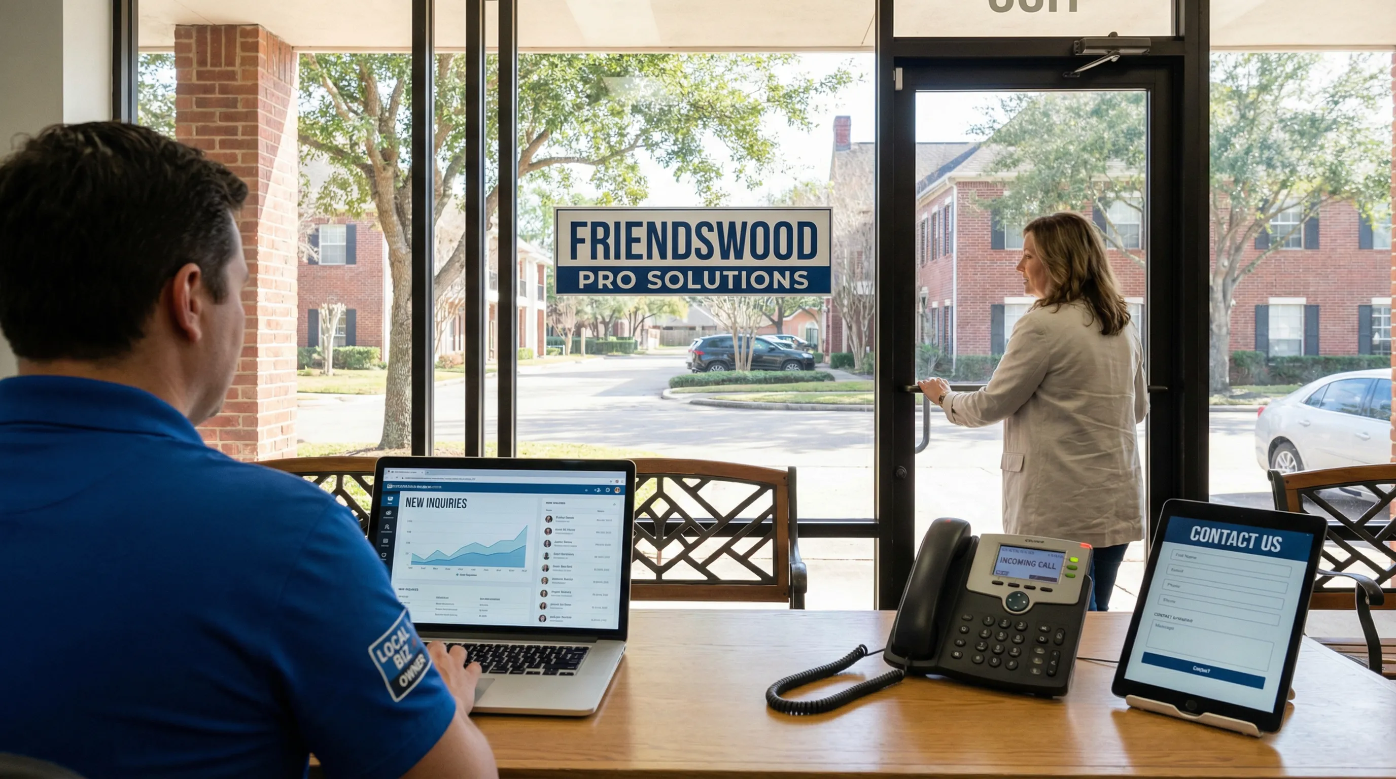 Friendswood shop owner viewing a laptop with lead activity as customers arrive in a modern retail space.