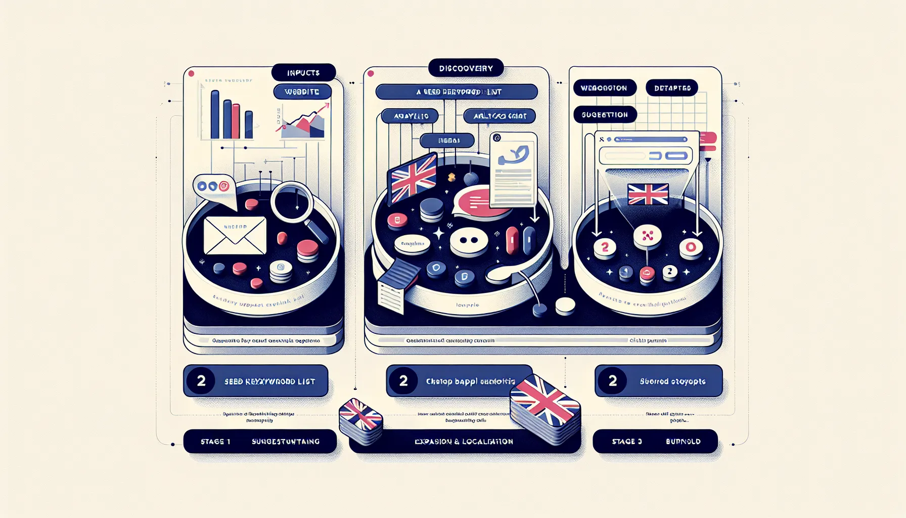 UK-focused keyword research process: inputs, Google discovery, and localised expansions.
