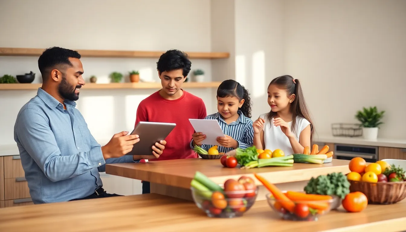 family planning meals together in a modern kitchen.