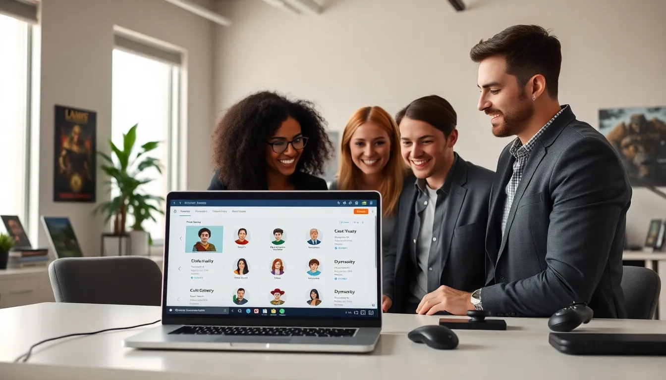 diverse professionals exploring ck2generator.com on a laptop in a modern office.