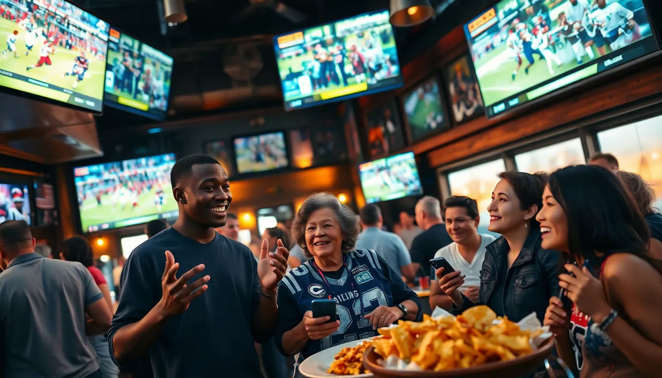 fans engaging in sports discussions in a lively sports bar setting.