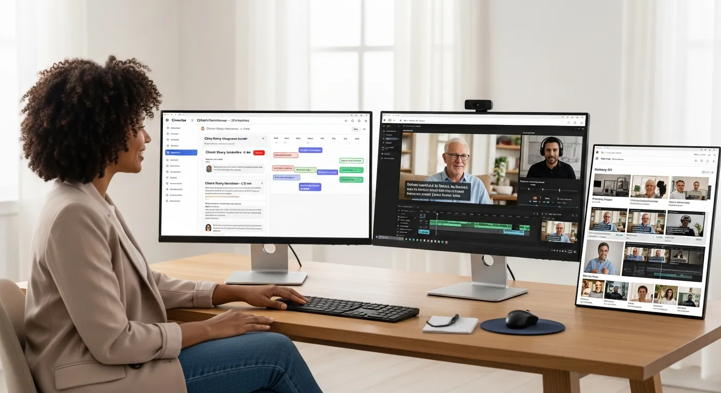 Marketing professional reviewing organized client testimonial videos and calendar on a large monitor.