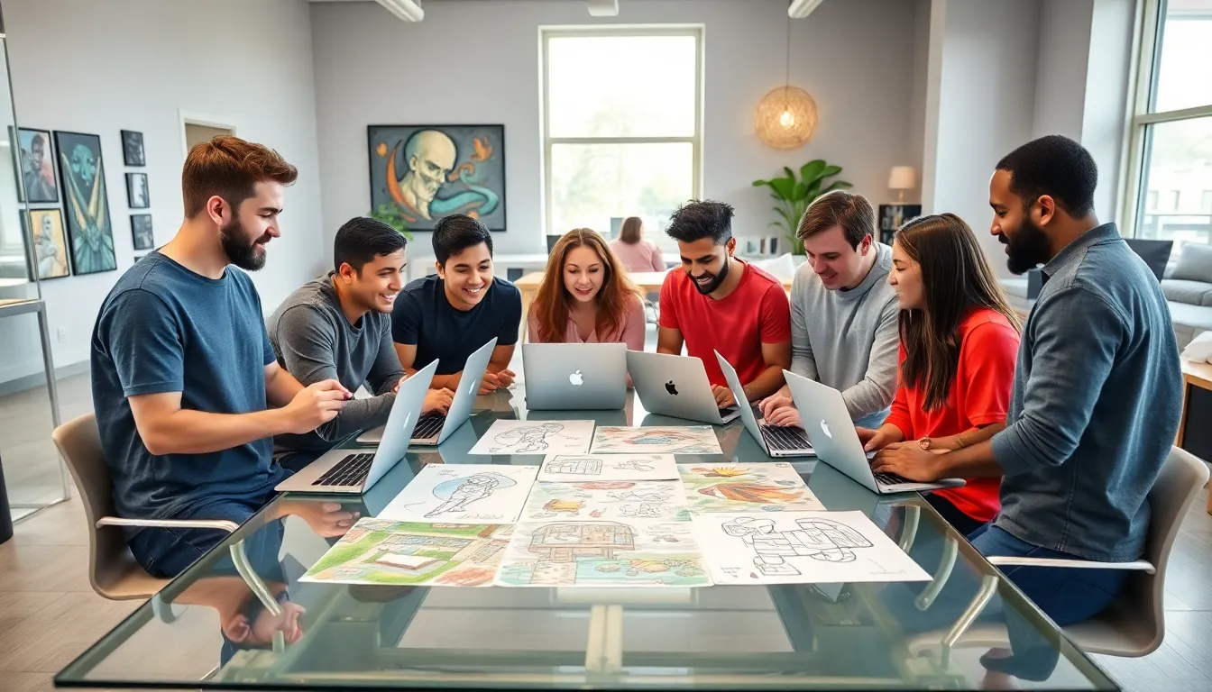 diverse team brainstorming creative video game ideas in a modern office.