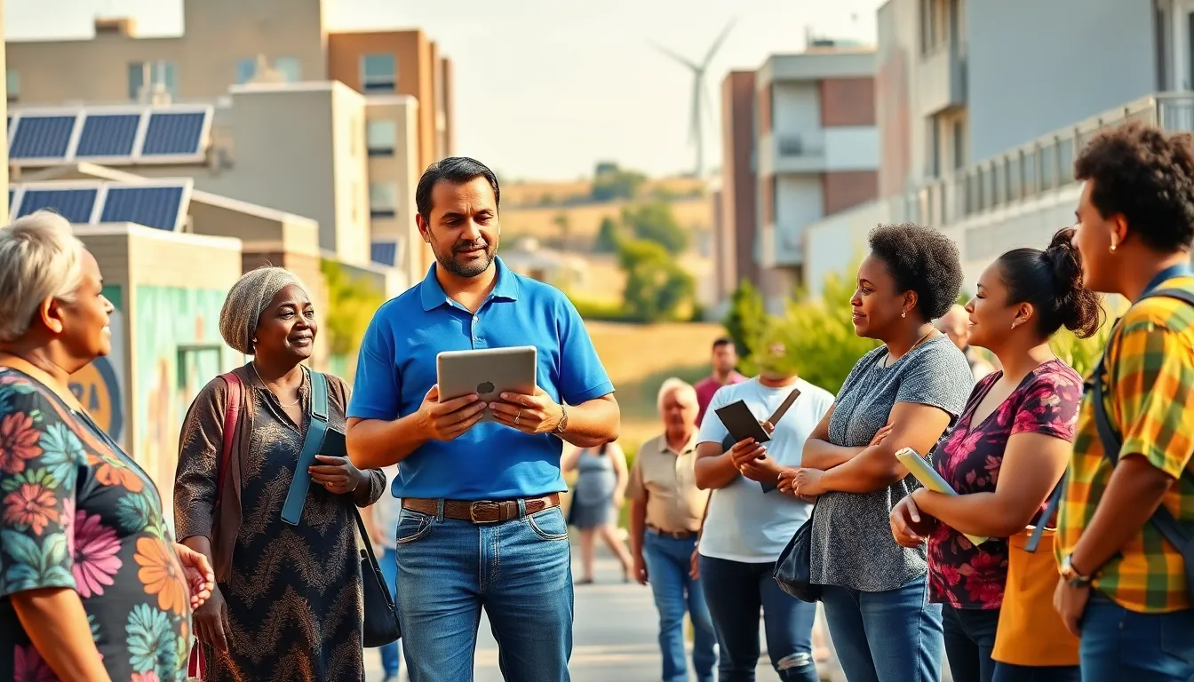 A diverse group discussing energy solutions in an urban neighborhood.