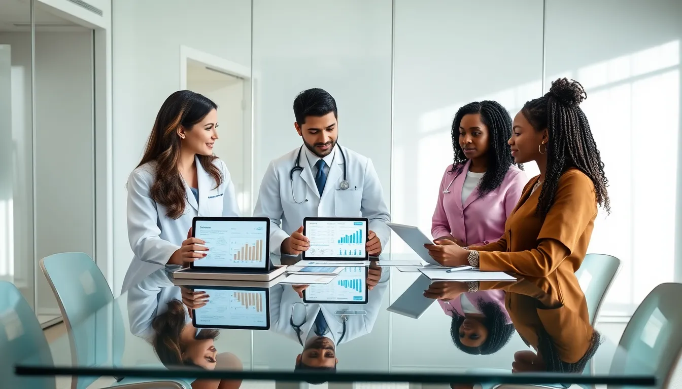 diverse team discussing skin health research in a modern office.