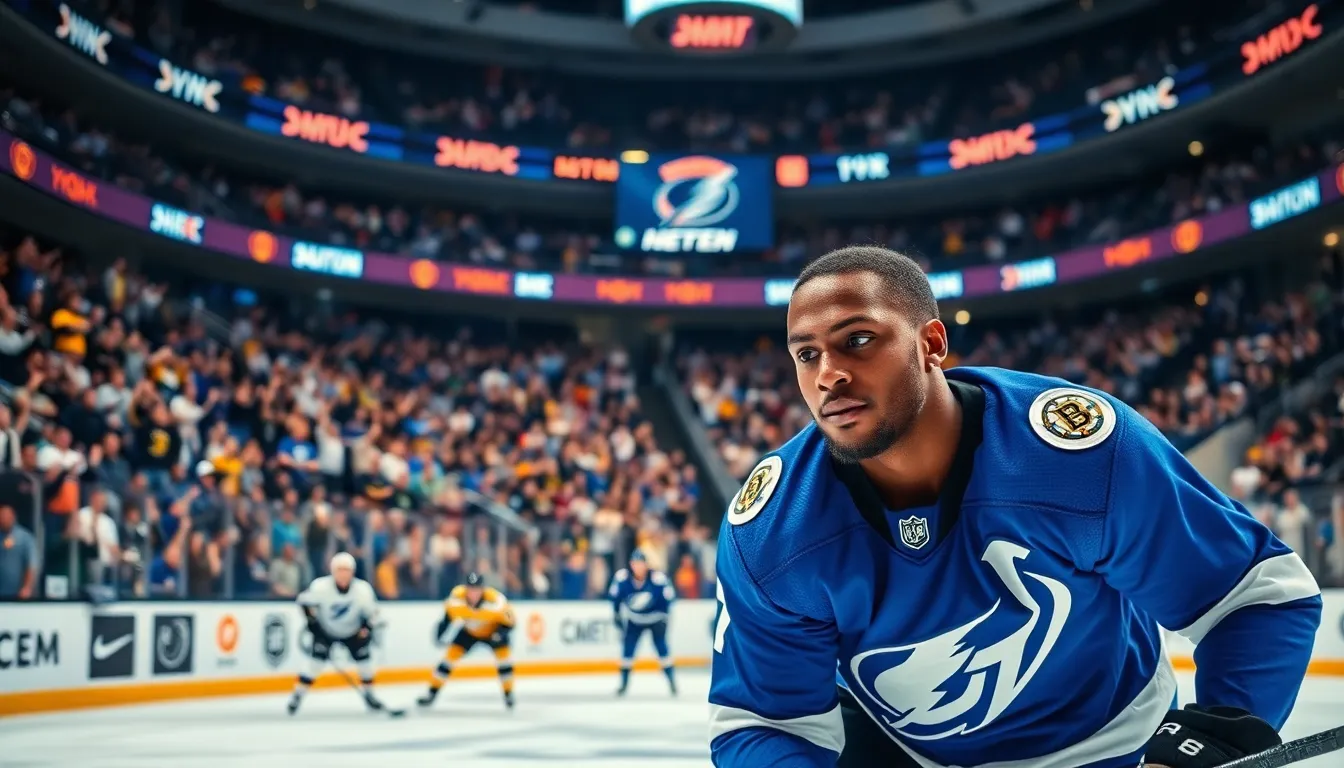 A Tampa Bay Lightning player skillfully handles the puck in an energetic hockey game.