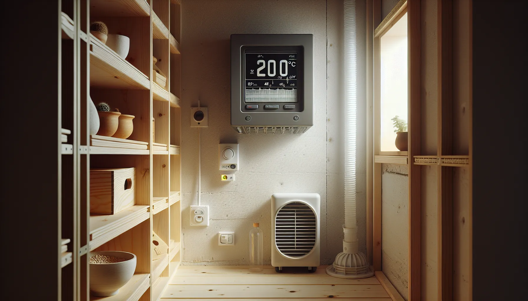 Hvordan lagre antikviteter trygt og sikkert 2 Digital hygrometer showing stable climate in a ventilated norwegian antique storage room.