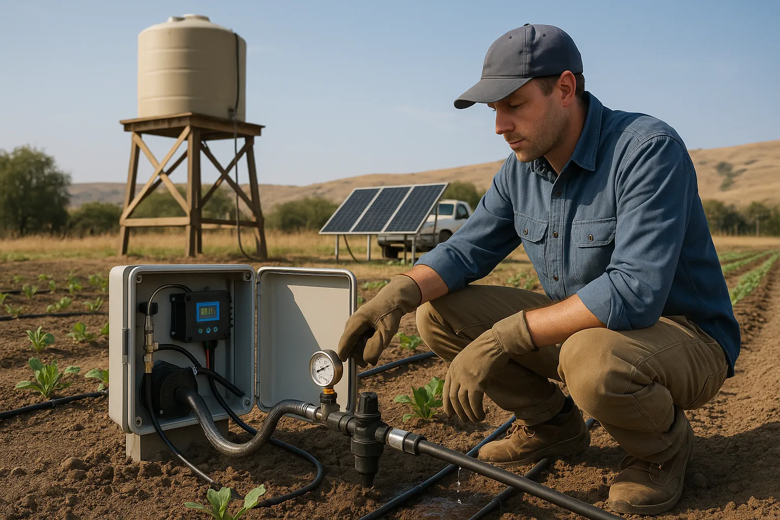 Technician inspecting solar-powered drip pump with elevated gravity tank in background.