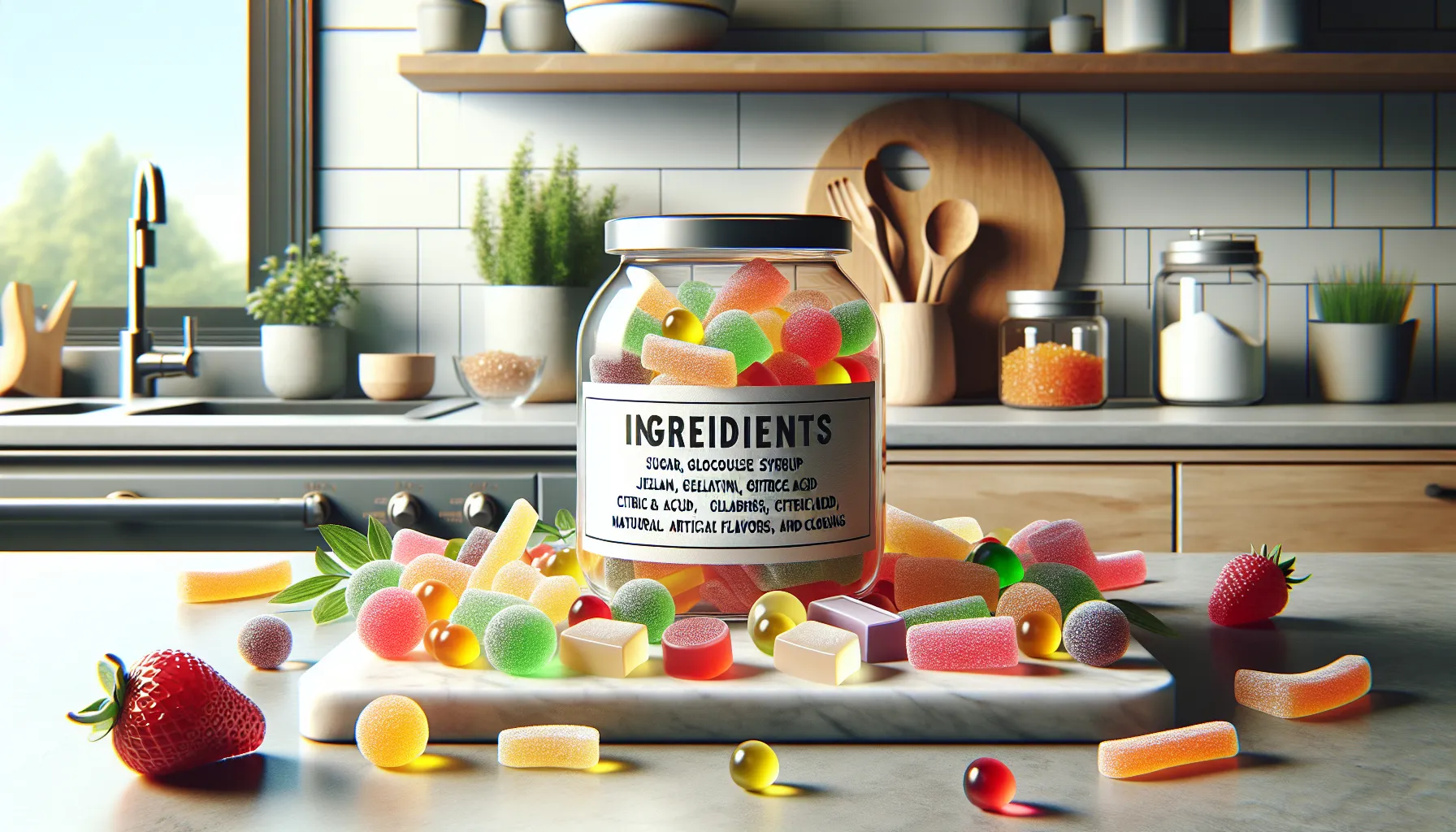 Packaging of Haribo gummy bears with ingredients displayed on a countertop.