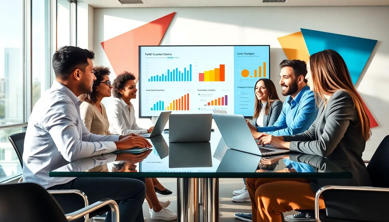 diverse marketing team collaborating on SaaS strategies in a modern office.