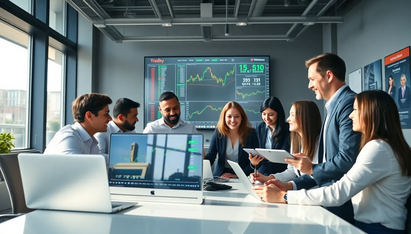 diverse team collaborating in a modern trading office setting.