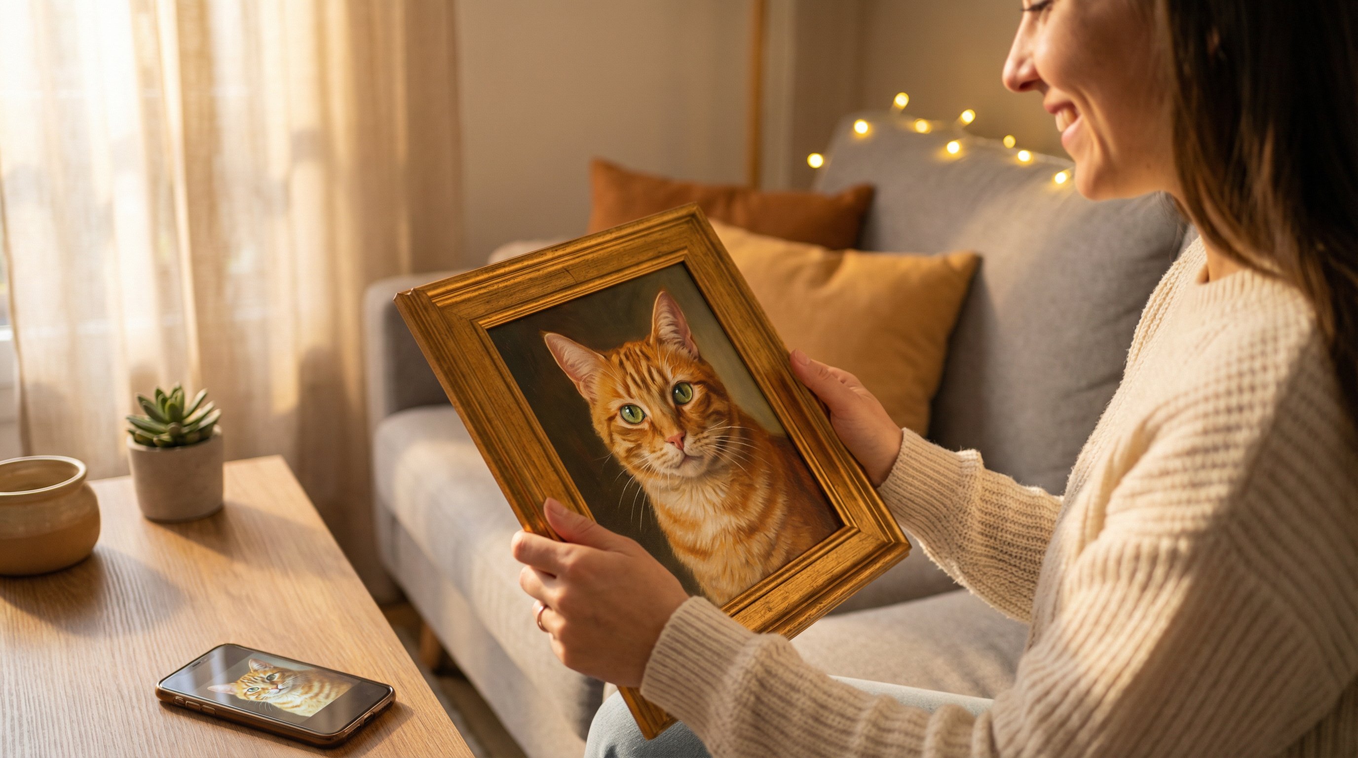 Woman smiling while holding a framed oil-style cat portrait gift at home.
