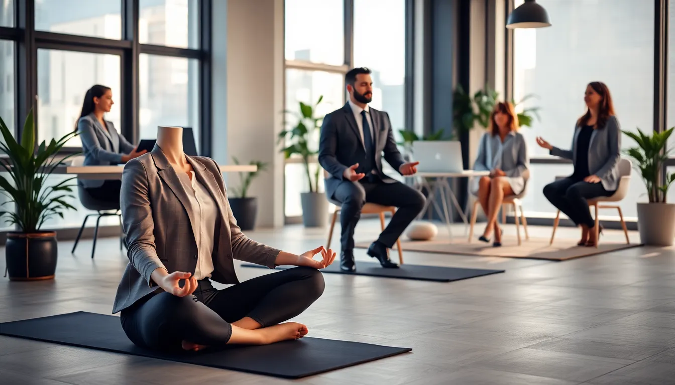 professionals practicing mindfulness in a modern office setting.