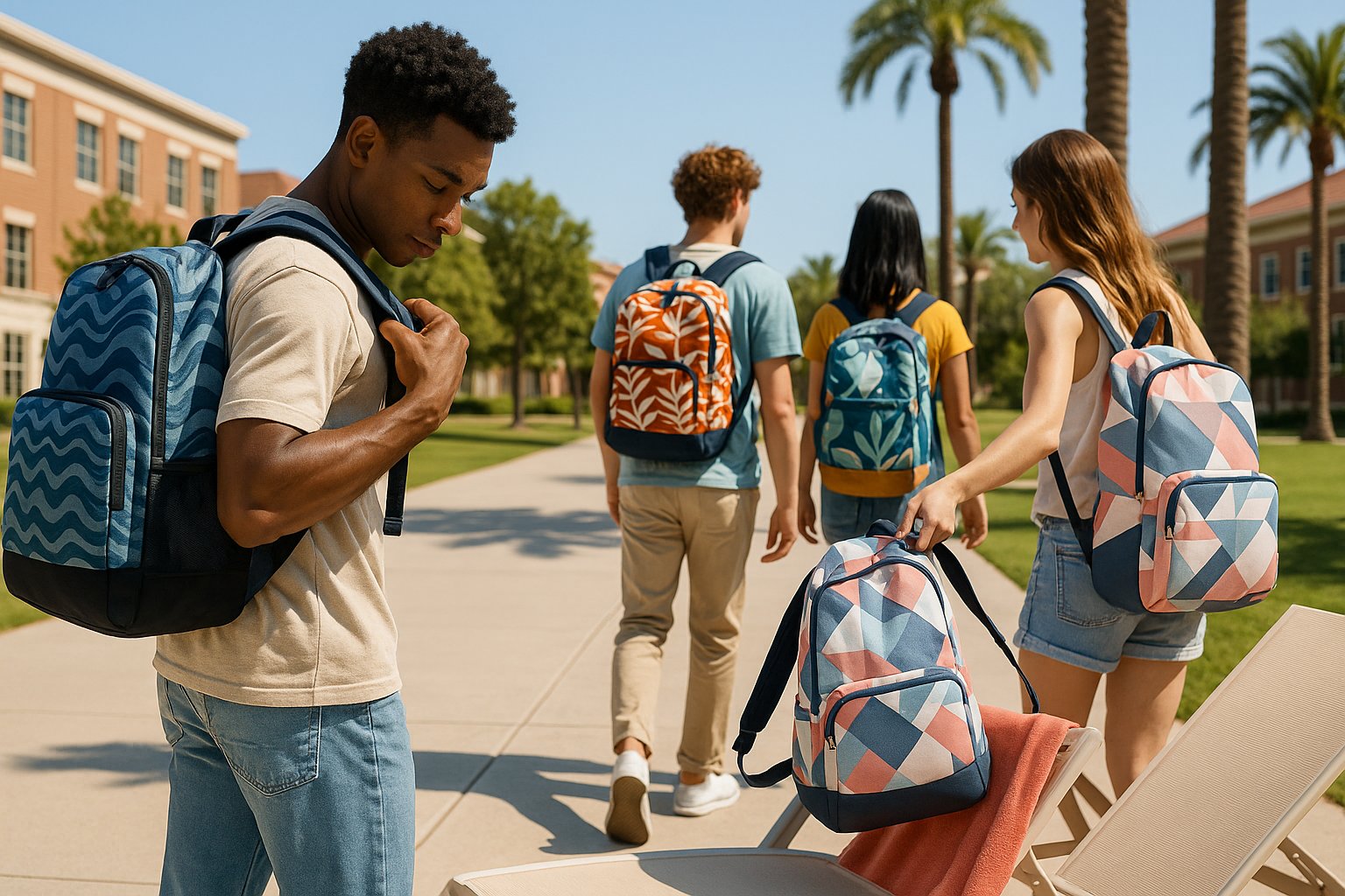 College students with stylish backpack beach bags on a sunny campus.