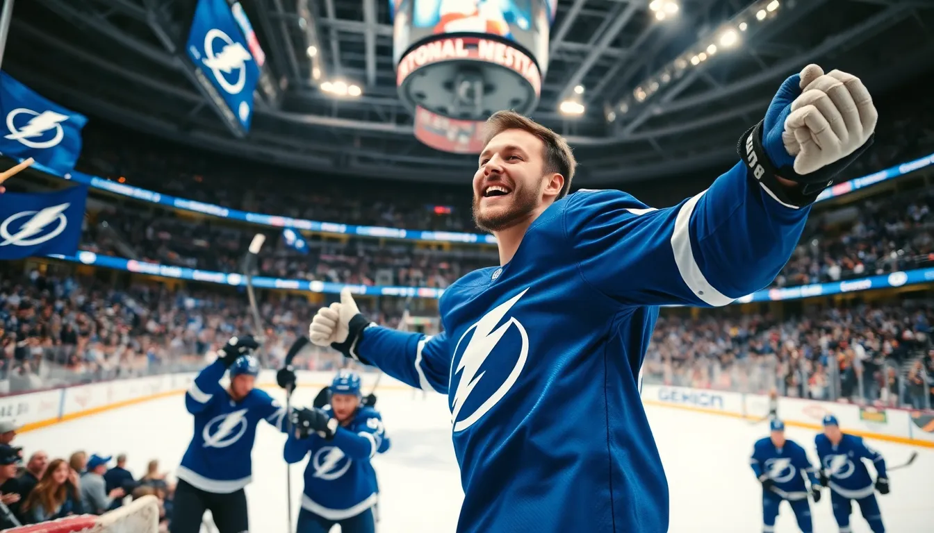 Nikita Kucherov celebrating a hat trick during an exciting NHL game.