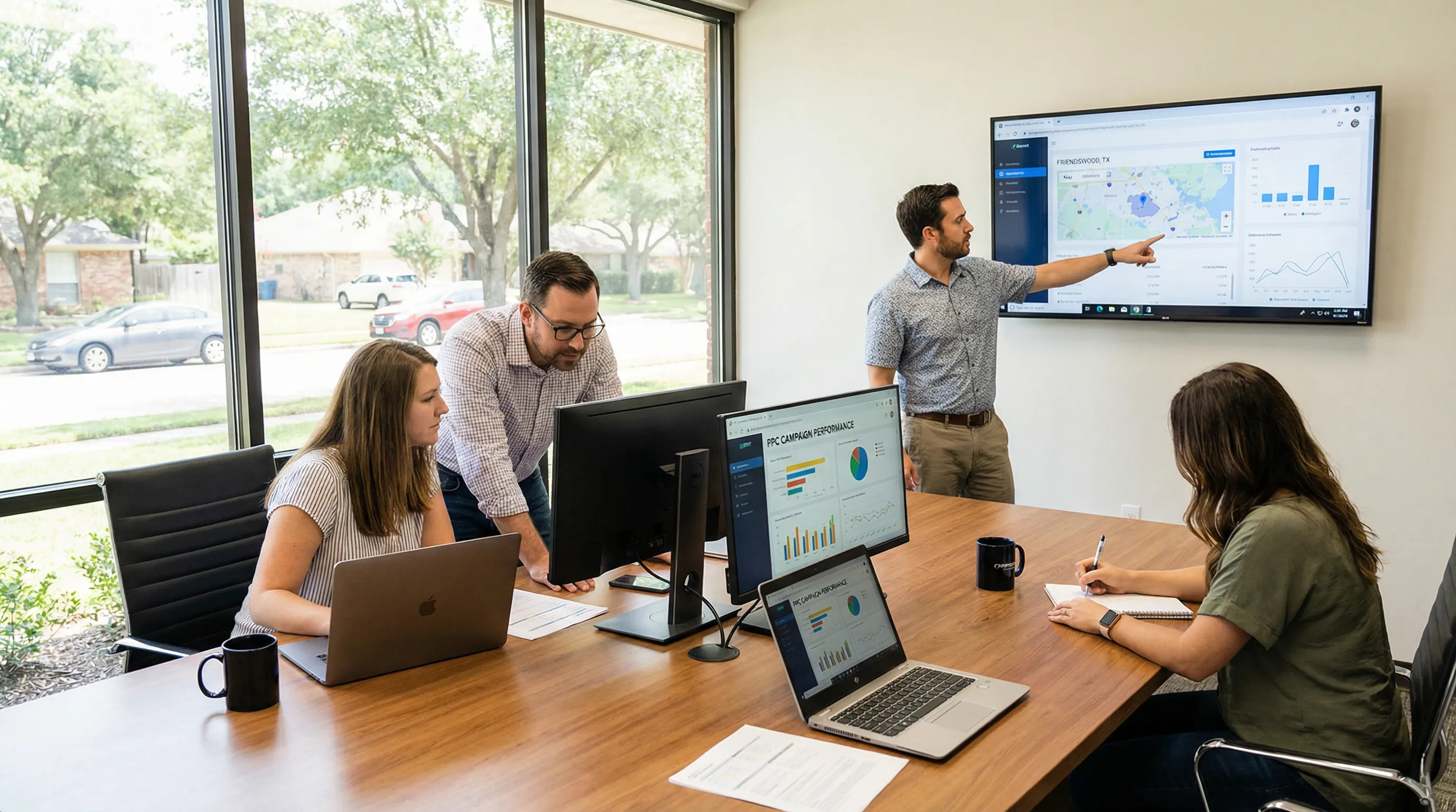 Digital marketing team in a modern office collaborating on PPC campaign strategy with charts and local map data on screens, representing focused and transparent PPC management for local businesses.