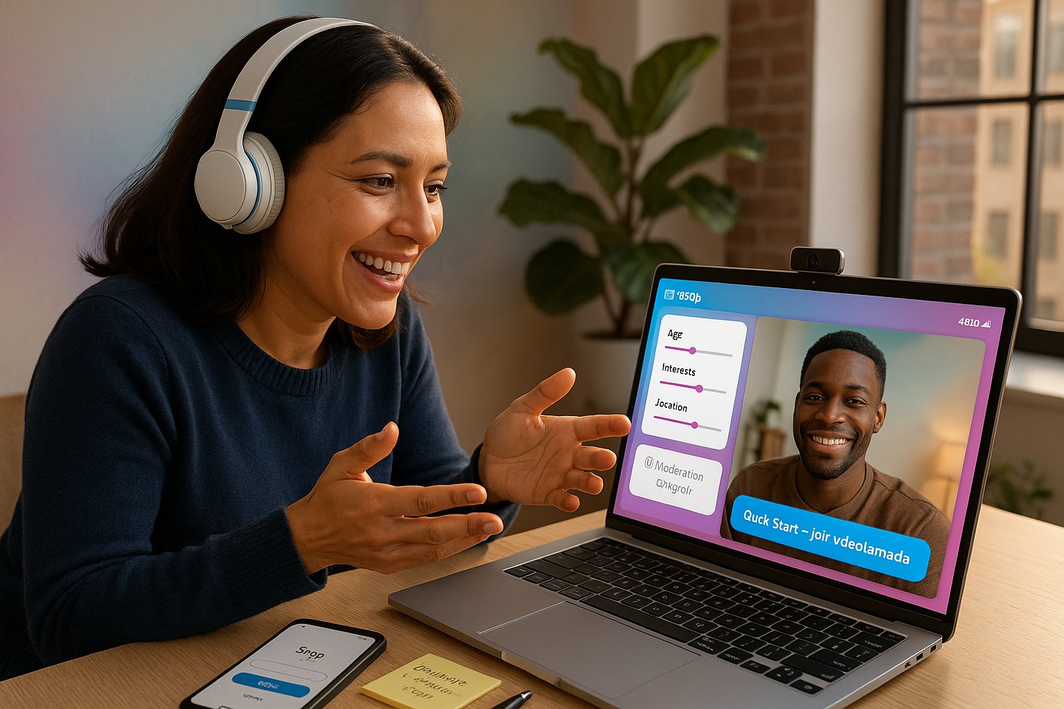 Woman smiling during a videollamada on a laptop with VibeCam UI.