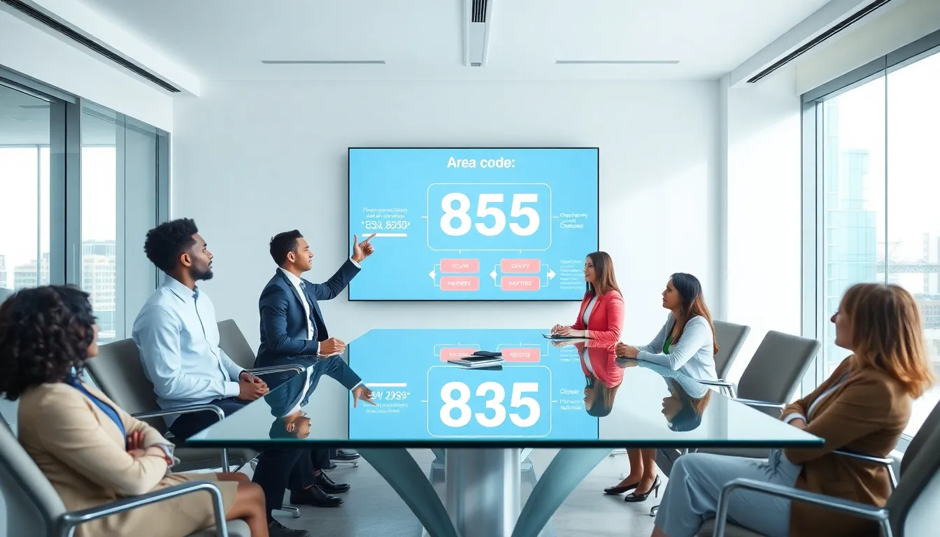 diverse professionals discussing toll-free area codes in a modern office.