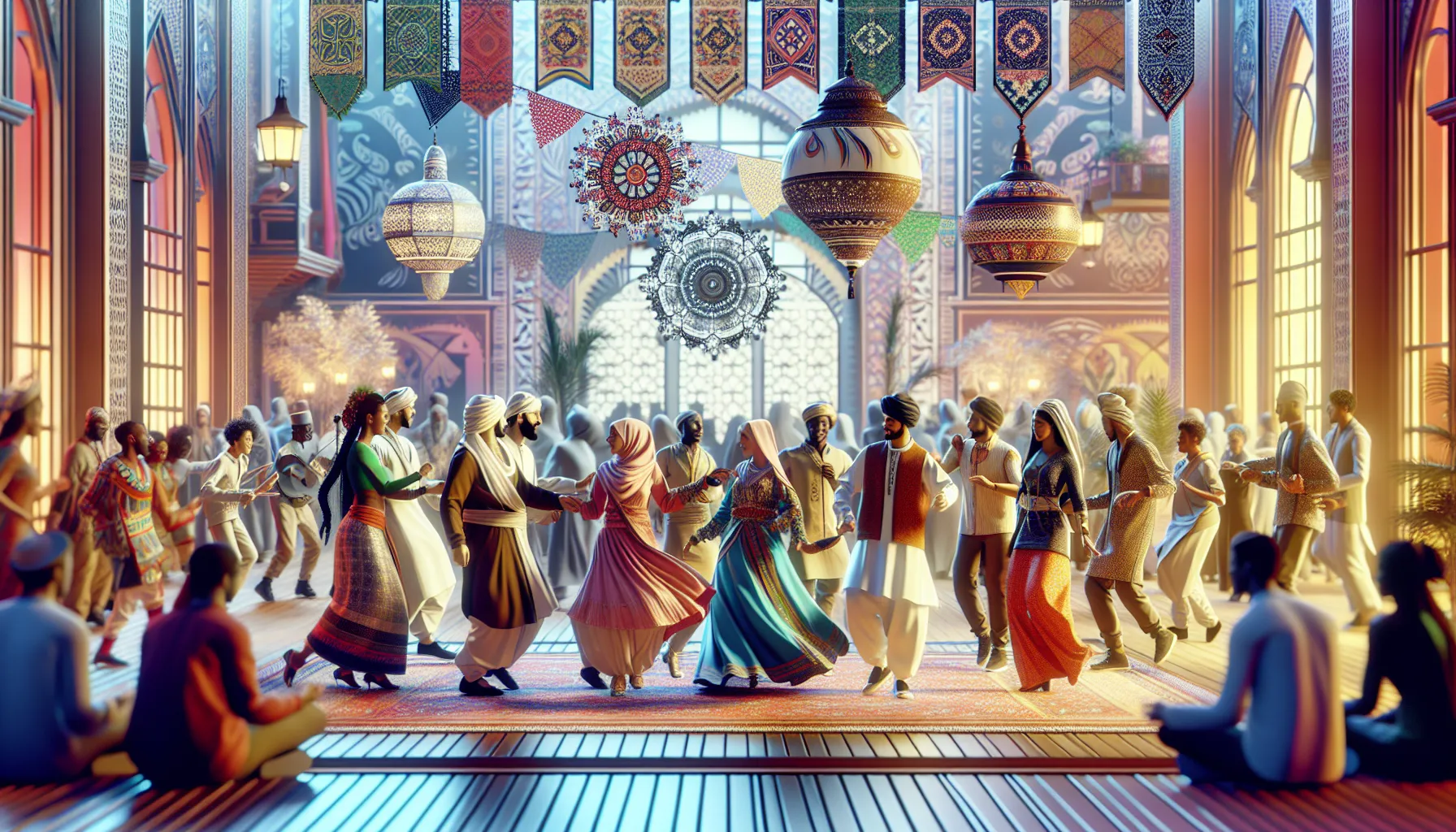 Diverse group celebrating Addamymar at a vibrant cultural festival.