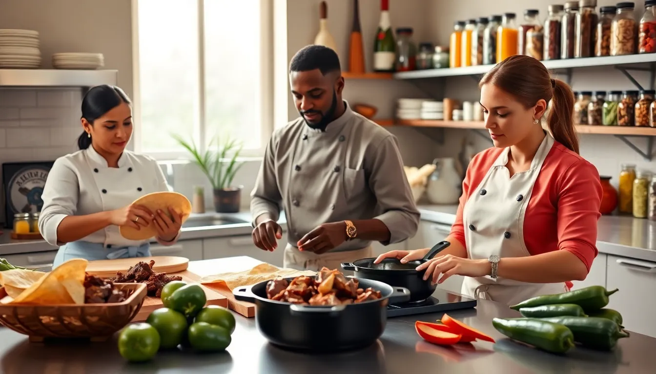 diverse chefs preparing traditional Mexican dishes in a bright kitchen.