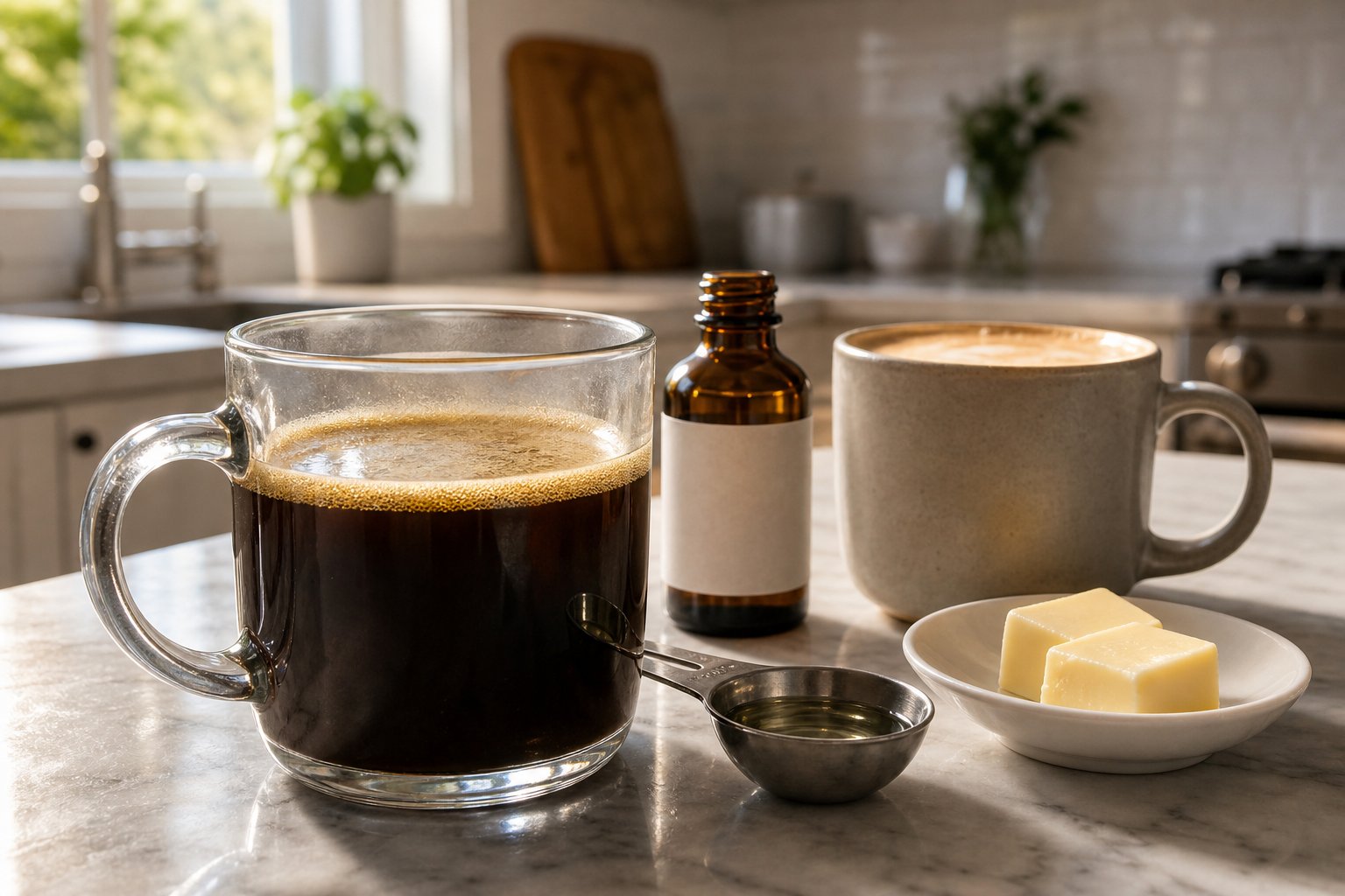 Two coffees compare plain MCT oil coffee with a richer butter coffee.