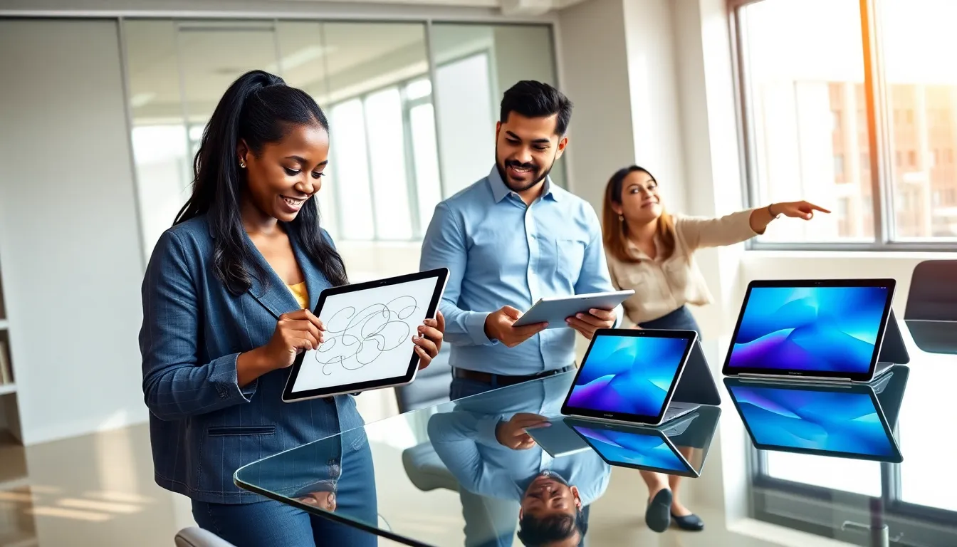 professionals using Samsung tablets in a modern office setting.