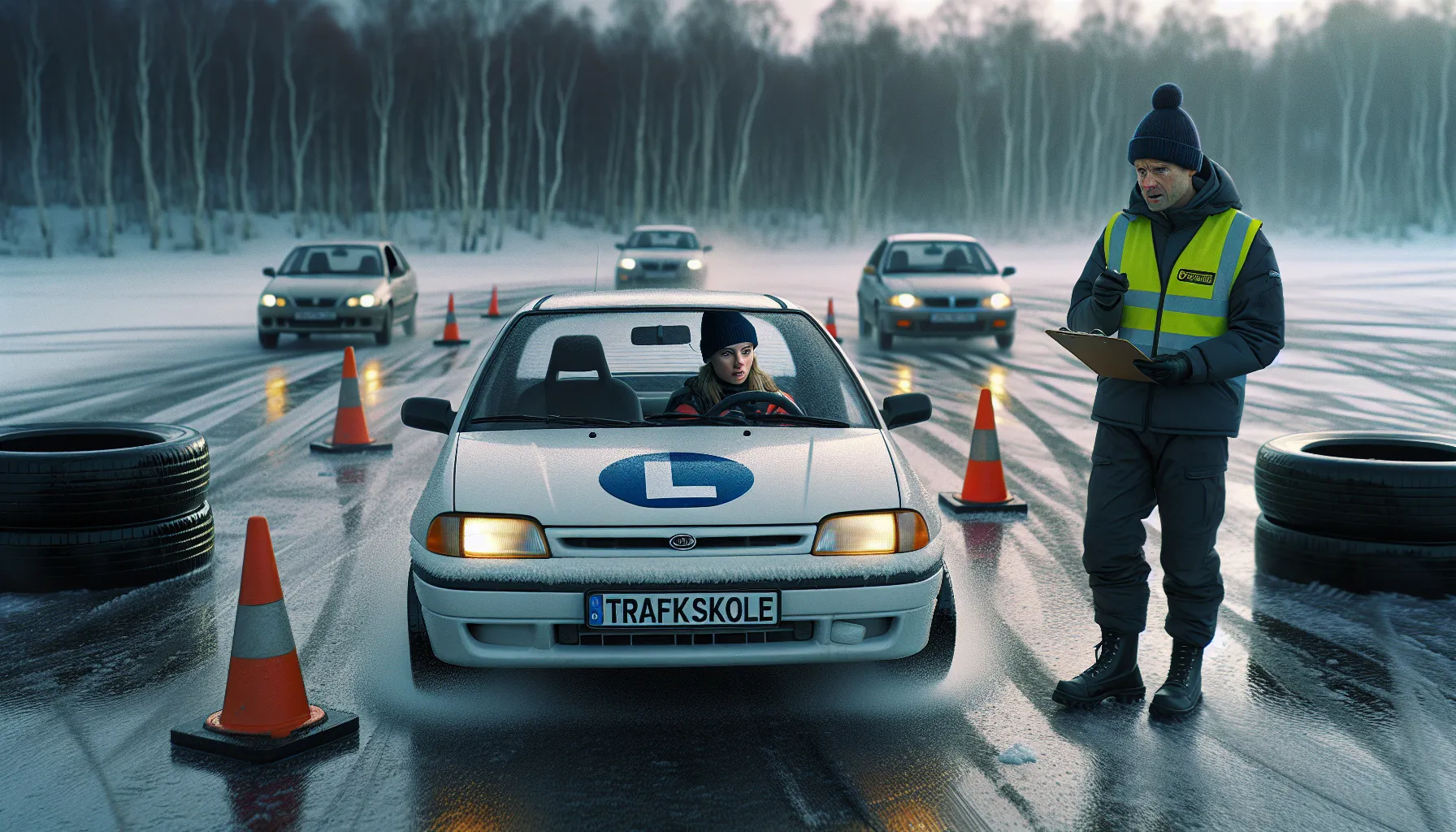 Learner driver braking on norwegian skid track under instructor guidance.